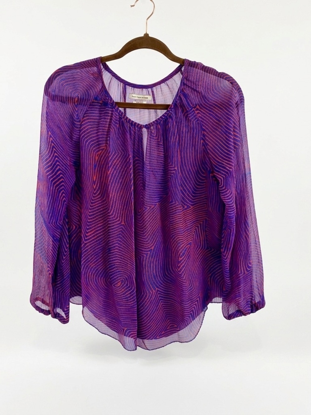 Isabel Marant Étoile 100% Silk Sheer Boho Wave Print Top Purple‎ Red Sz 36 S